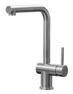 EVO INGLETON BRUSHED NICKEL FLEXIBLE PULL OUT MONO SINGLE SIDE LEVER KITCHEN SINK MIXER TAP with L SHAPED SWIVEL SPOUT, KTAP015BN